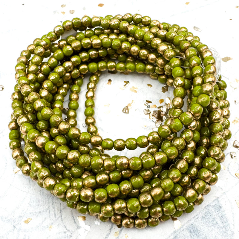 4mm Avocado with Gold Finish Round Druk Bead Strand