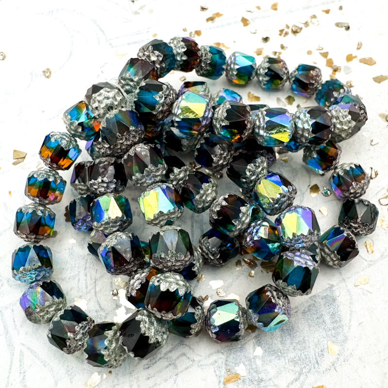 8mm Sky Blue, Amber, and Olive with AB and Antique Silver Finishes Cathedral Bead Strand