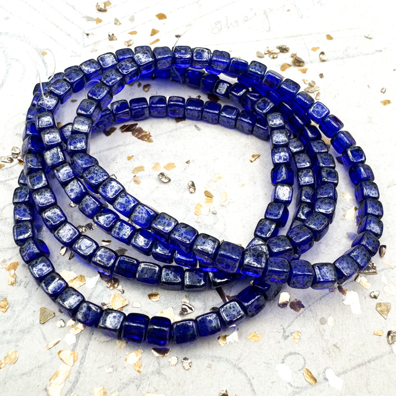 4mm Indigo with a Picasso Wash Cube Bead Strand