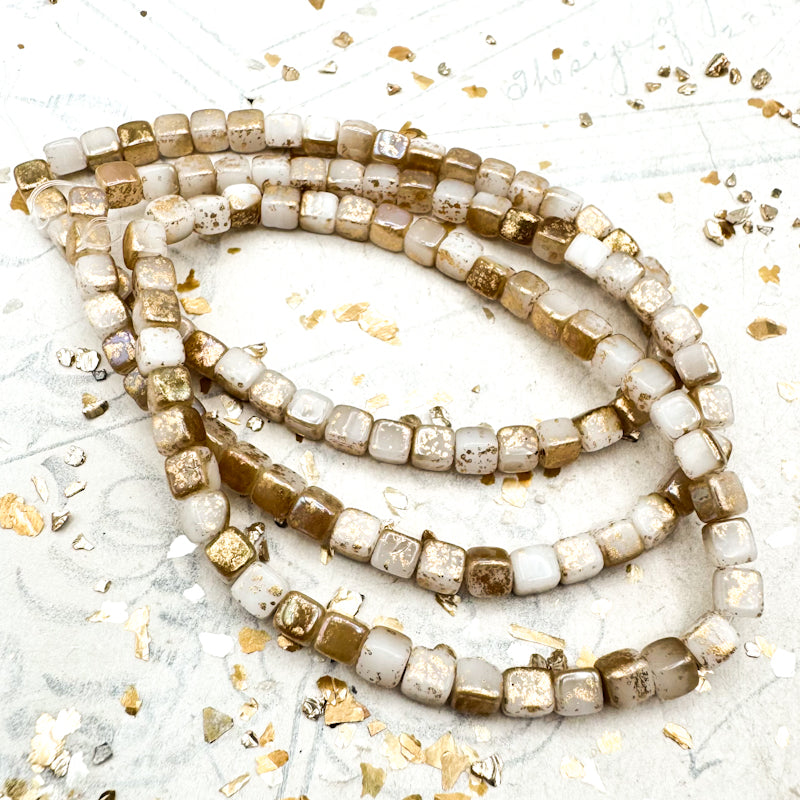 4mm White with a Gold Wash Cube Bead Strand