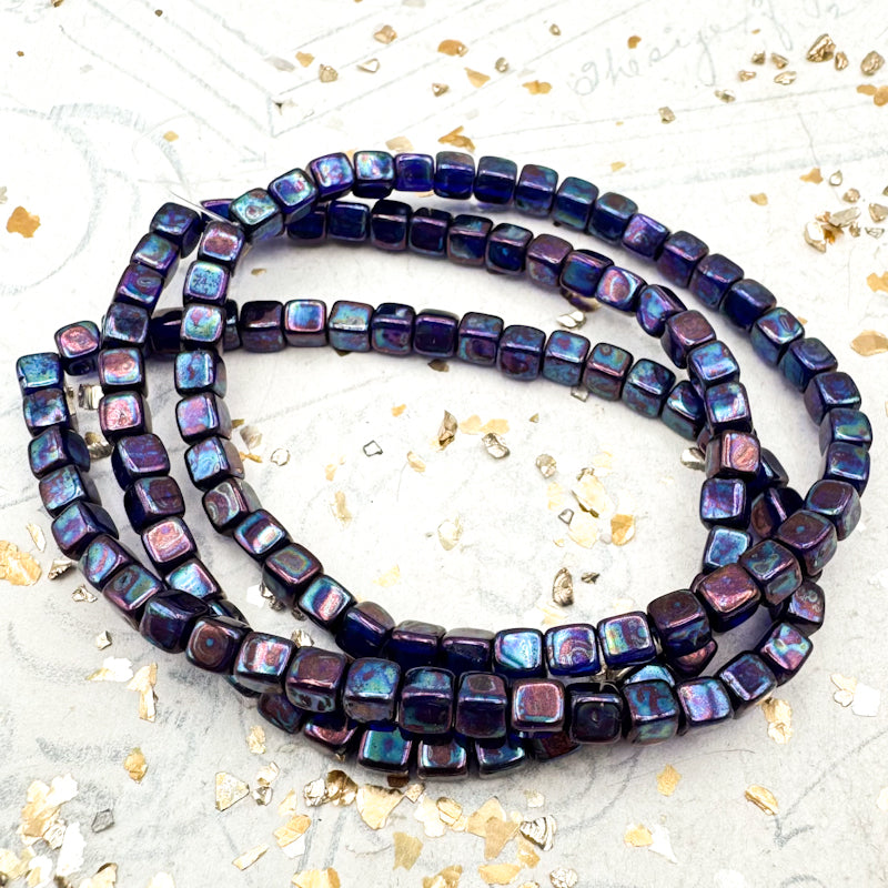 4mm Indigo with Purple and Picasso Wash Cube Bead Strand