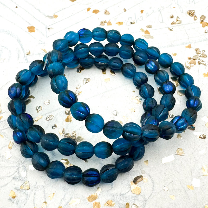 6mm Matte Pacific Blue with Blue Luster and Blue Wash Faceted Melon Bead Strand