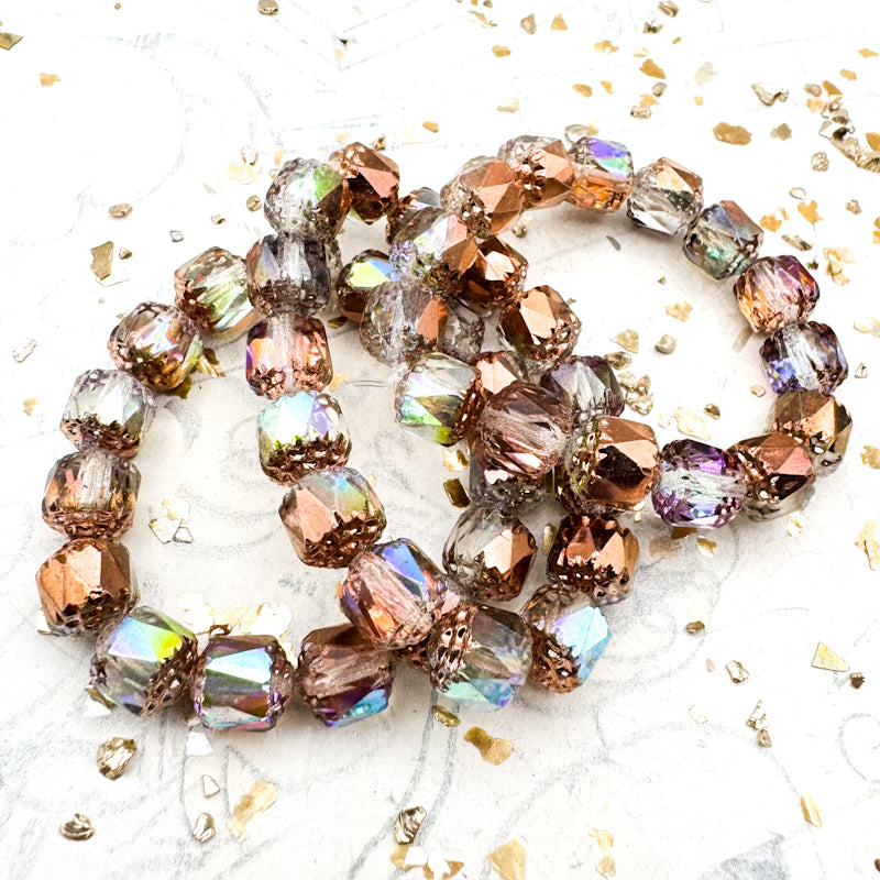 Pre-Order 8mm Transparent Glass with Copper and AB Finishes Cathedral Bead Strand