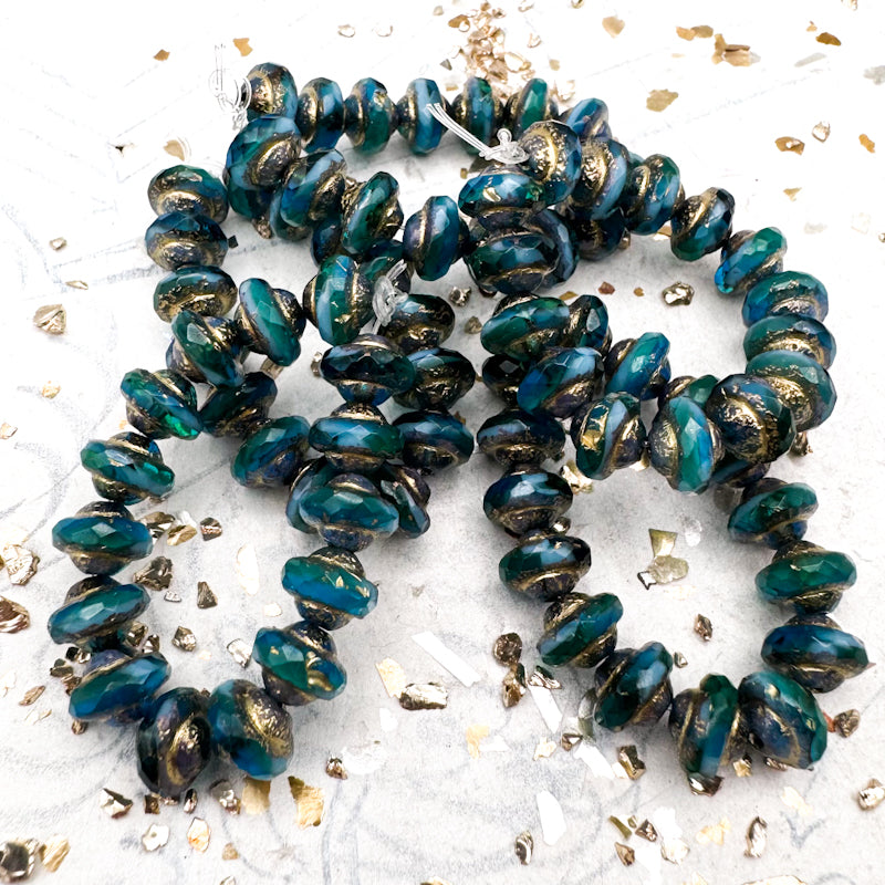 Pre-Order 6x8mm Sea Green and Sky Blue with Etched, Gold, and Bronze Finishes Saturn Czech Bead Strand