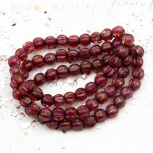 Load image into Gallery viewer, 6mm Boysenberry with Gold Luster and Pink Wash Large Hole Melon Bead Strand
