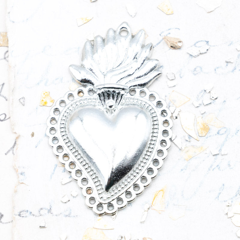 Large Bright Silver Sacred Heart Pendant