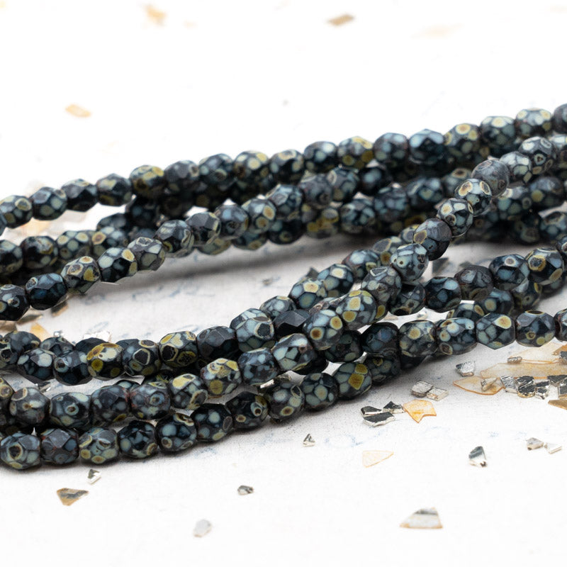 3mm Black with a Picasso Finish Faceted Round Fire-Polished Bead Strand