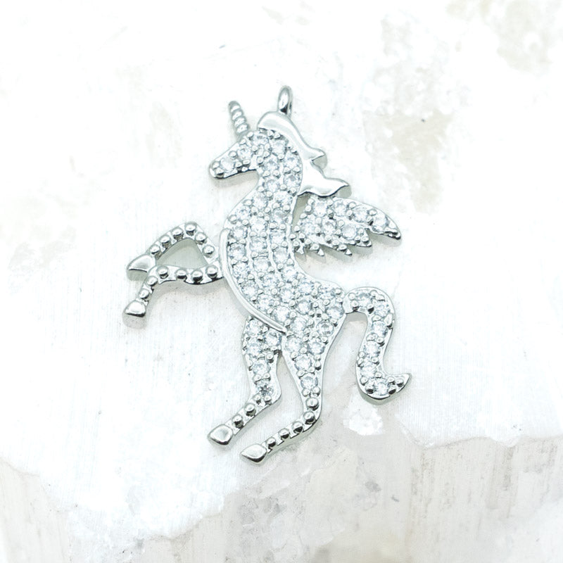 28x17mm Sparkling Rhinestone Silver Unicorn Pendant