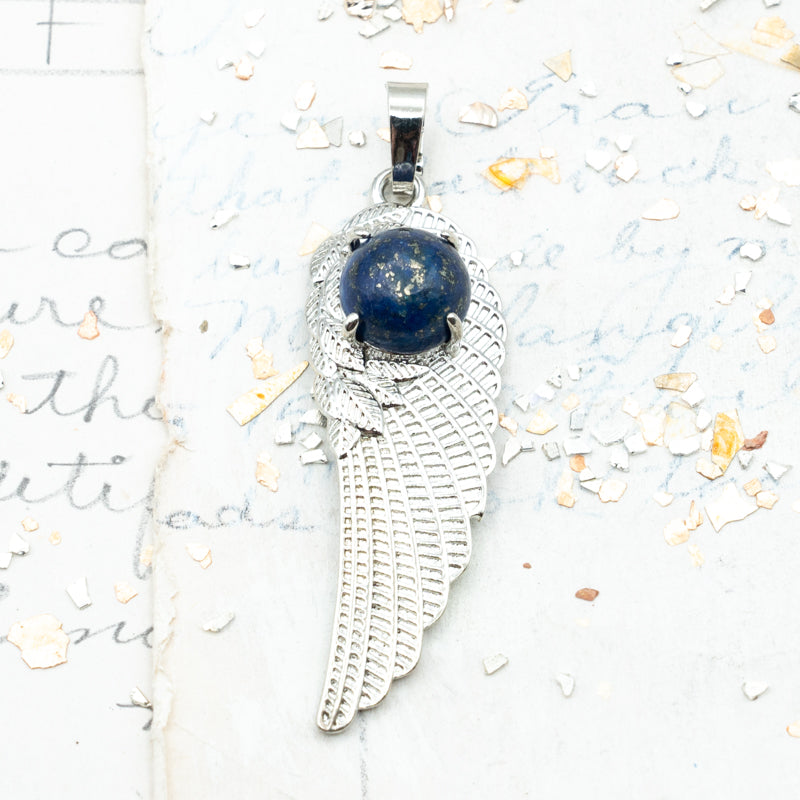 Faux Colored Blue Stone Silver Wing Pendant