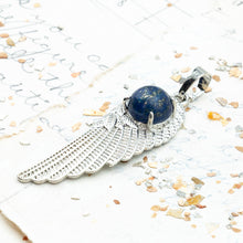 Load image into Gallery viewer, Faux Colored Blue Stone Silver Wing Pendant
