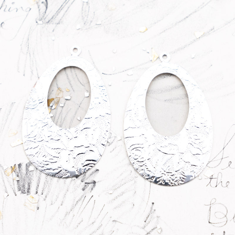 Bright Silver Stamped Oval Hoop Charm Pair