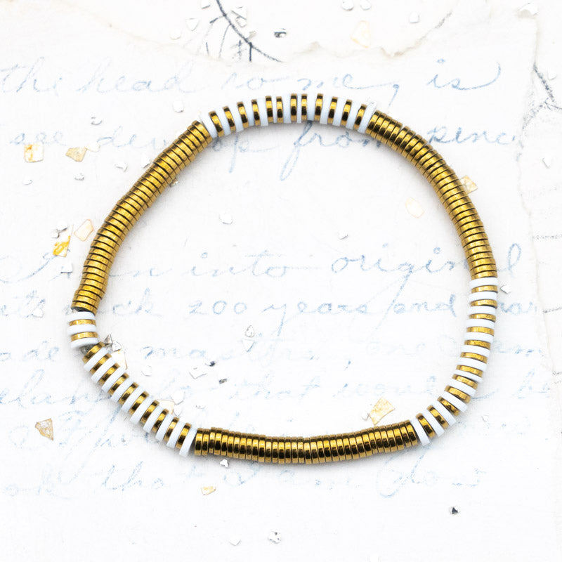 White and Gold Disc Bead Stretch Bracelet - Doorbuster