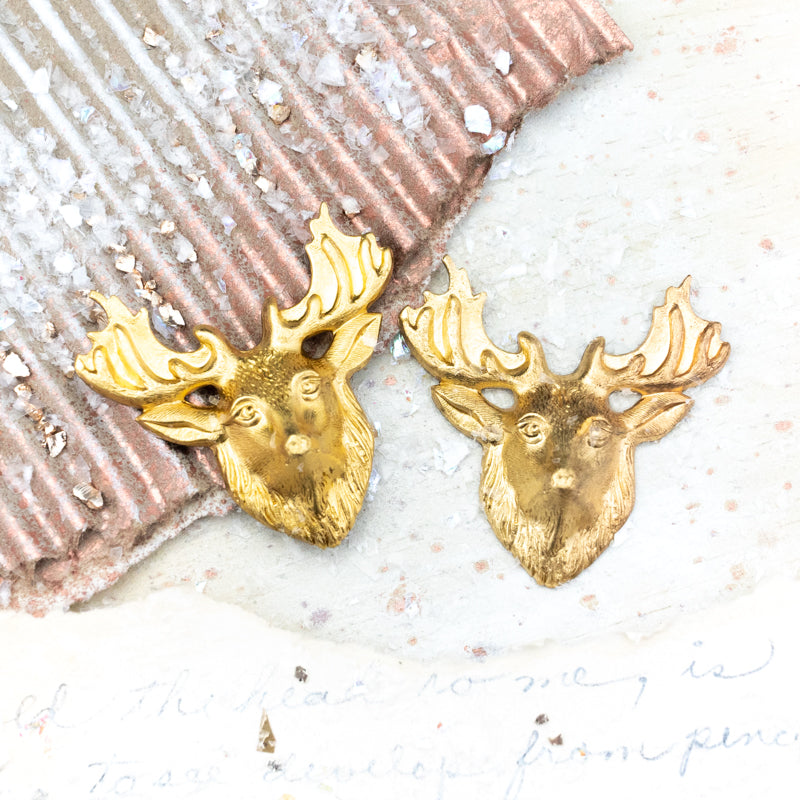 Stag Head Solid Brass Charm Pair - No Holes