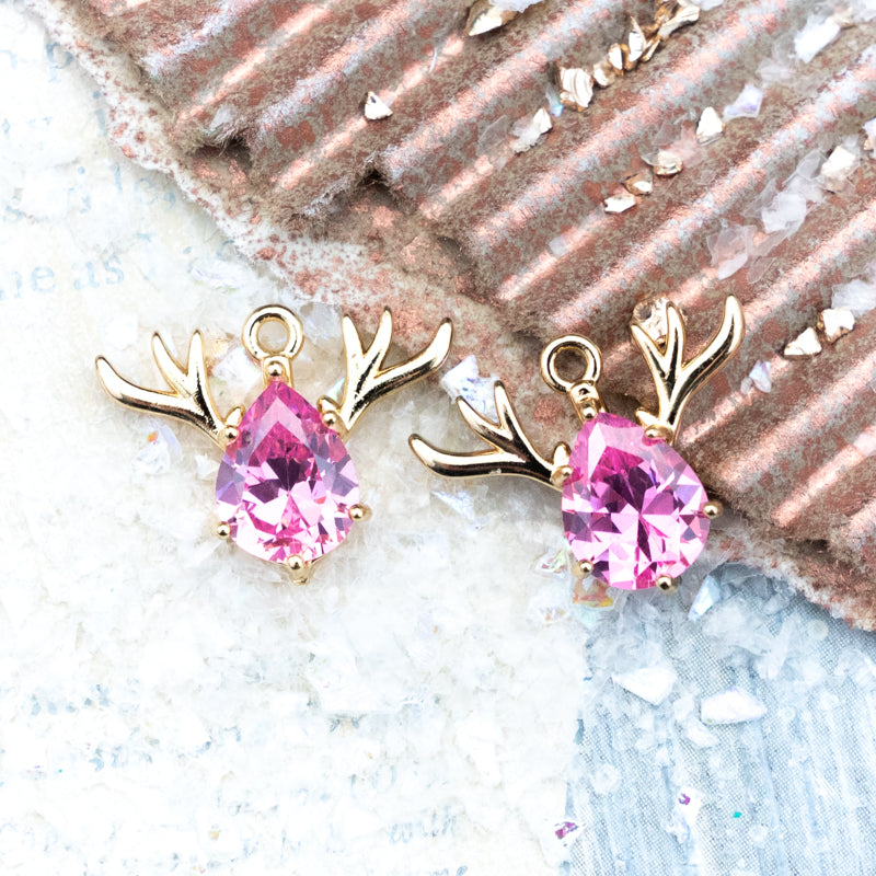 20mm Light Rose Rhinestone and Gold Plated Stag Charm Pair