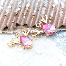 Load image into Gallery viewer, 20mm Light Rose Rhinestone and Gold Plated Stag Charm Pair
