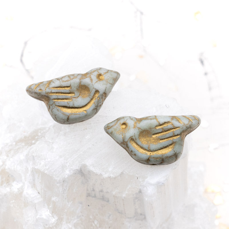 White with a Luster Finish and Gold Wash Czech Bird Beads - 2 Pcs