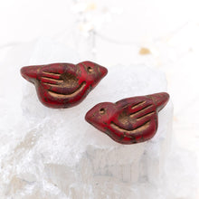 Load image into Gallery viewer, Matte Ruby Red with a Gold Wash Czech Bird Beads - 2 Pcs
