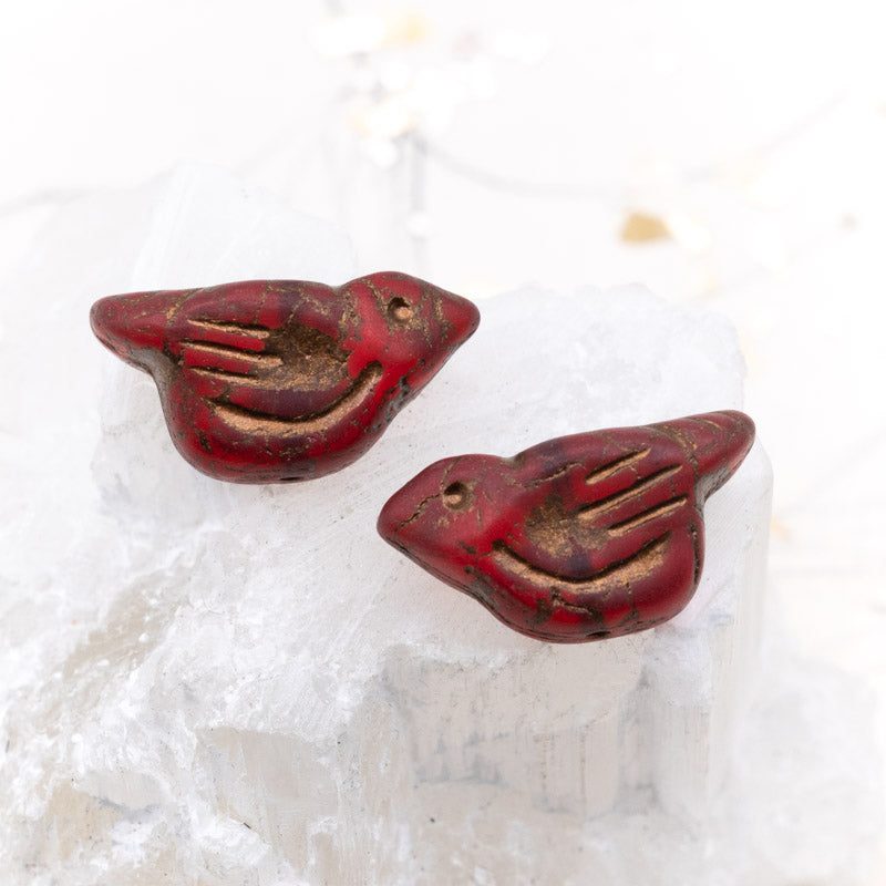 Matte Ruby Red with a Gold Wash Czech Bird Beads - 2 Pcs