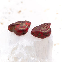 Load image into Gallery viewer, Matte Ruby Red with a Gold Wash Czech Bird Beads - 2 Pcs
