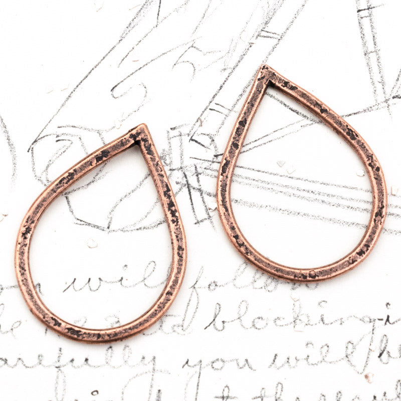 37mm Antique Copper Hammered Large Drop Hoop Pair