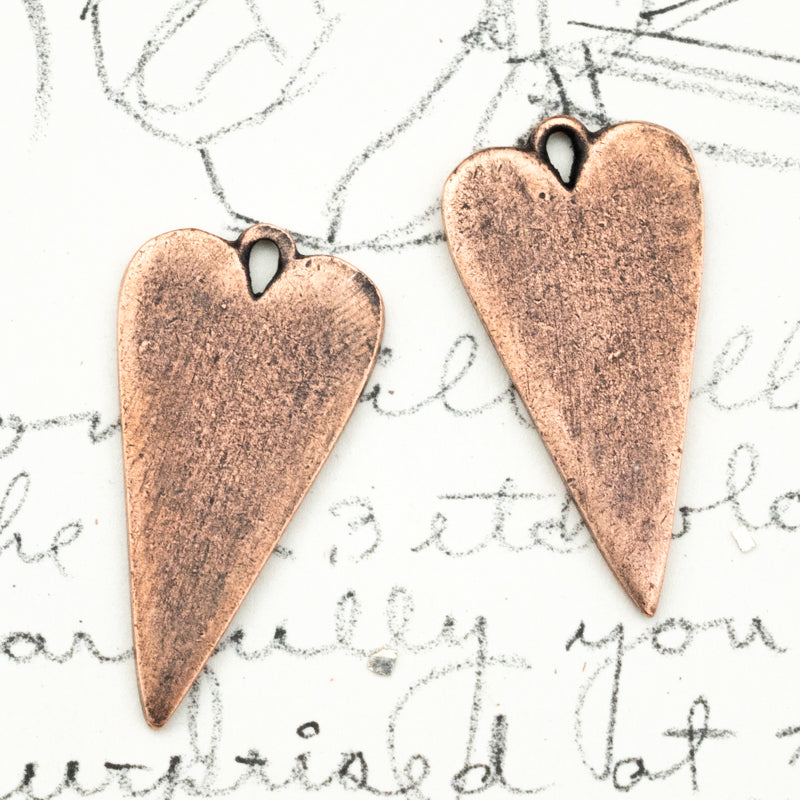 27mm Antique Copper Long Heart Charm Pair