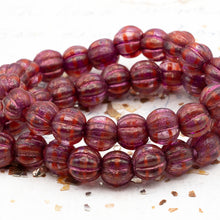 Load image into Gallery viewer, 8mm Boysenberry with Golden Luster and Pink Wash Large Hole Melon Beads
