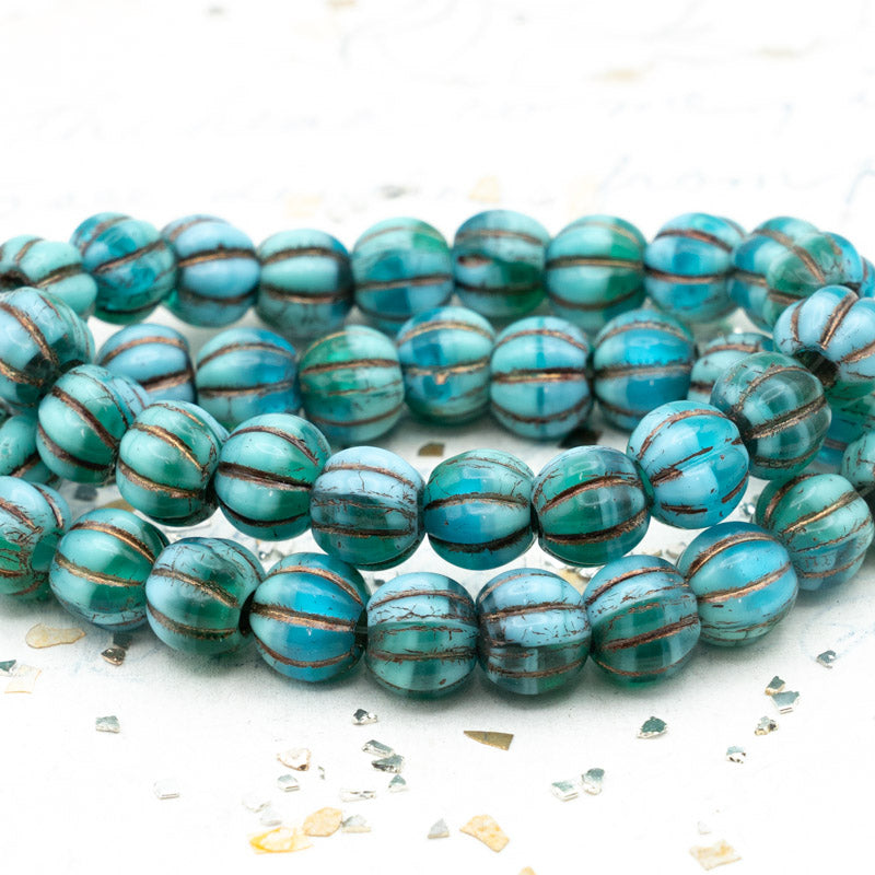 8mm Medium Sky Blue and Blue Green with Bronze Wash Large Hole Melon Beads