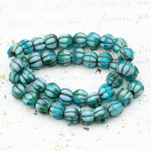 Load image into Gallery viewer, 8mm Medium Sky Blue and Blue Green with Bronze Wash Large Hole Melon Beads
