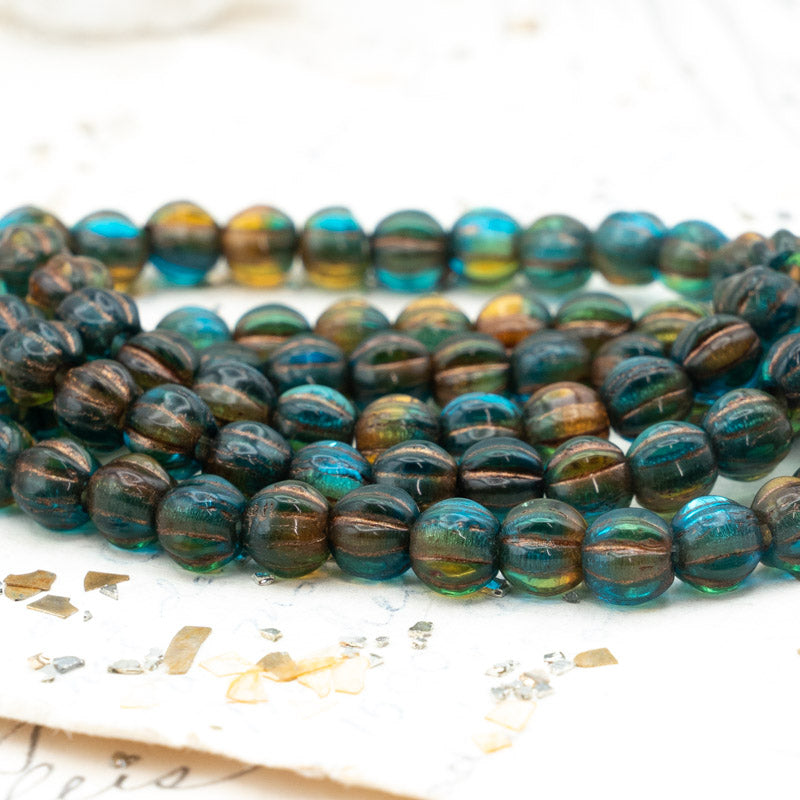 6mm Teal, Amber, and Artichoke with Copper Wash Large Hole Melon Beads