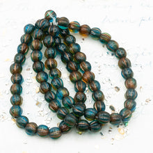 Load image into Gallery viewer, 6mm Teal, Amber, and Artichoke with Copper Wash Large Hole Melon Beads
