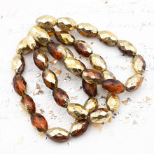 Load image into Gallery viewer, 12x8mm Etched Amber with Gold Finish Faceted Oval Czech Beads
