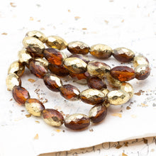 Load image into Gallery viewer, 12x8mm Etched Amber with Gold Finish Faceted Oval Czech Beads
