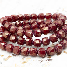 Load image into Gallery viewer, 6mm Ruby Red with Golden Luster and a Metallic Pink Wash Cathedral Czech Beads
