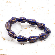 Load image into Gallery viewer, 15mm Indigo with a Gold Finish and Bronze Wash Melon Drop Czech Beads
