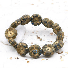 Load image into Gallery viewer, 12mm Etched Sapphire and Sky Blue with Picasso and Gold Finishes Hibiscus Czech Bead Strand
