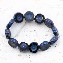 Load image into Gallery viewer, 12mm Black with Blue Iris Finish and Purple Wash Hibiscus Czech Bead Strand
