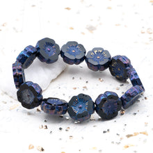 Load image into Gallery viewer, 12mm Black with Blue Iris Finish and Purple Wash Hibiscus Czech Bead Strand
