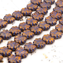 Load image into Gallery viewer, Pumpkin with Travertine and Purple Wash Maple Leaf Czech Bead Strand
