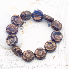 Load image into Gallery viewer, 12mm Sapphire and Sky Blue with Copper Finish Hibiscus Flower Czech Bead Strand
