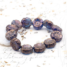 Load image into Gallery viewer, 12mm Sapphire and Sky Blue with Copper Finish Hibiscus Flower Czech Bead Strand
