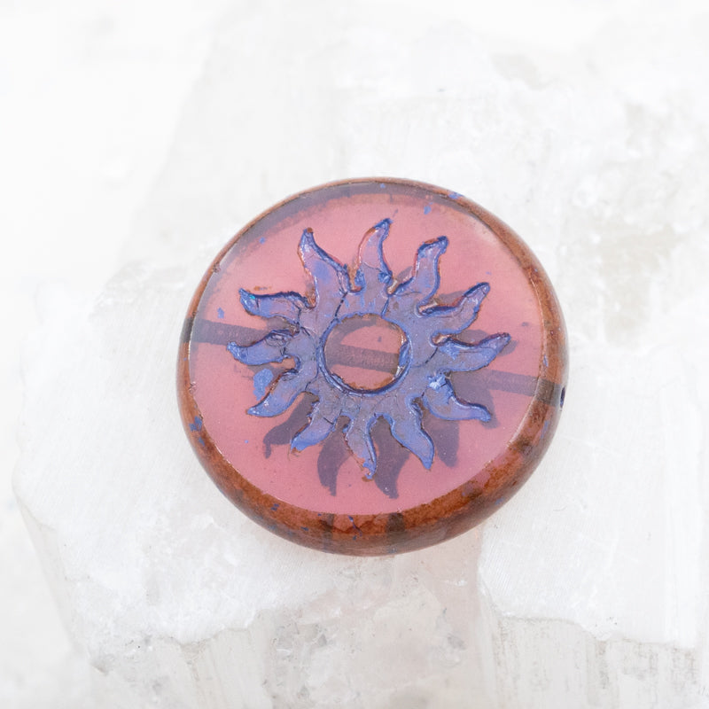 22mm Rosewood with Violet Wash Sun Coin Czech Bead