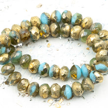 Load image into Gallery viewer, 6x8mm Etched Sky Blue and Honey with Gold Finish Rondelle Czech Bead Strand
