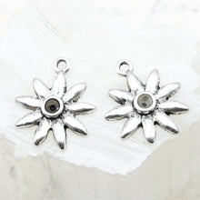 Load image into Gallery viewer, 19mm Antique Silver Burst with Tiny Bezel Charm Pair
