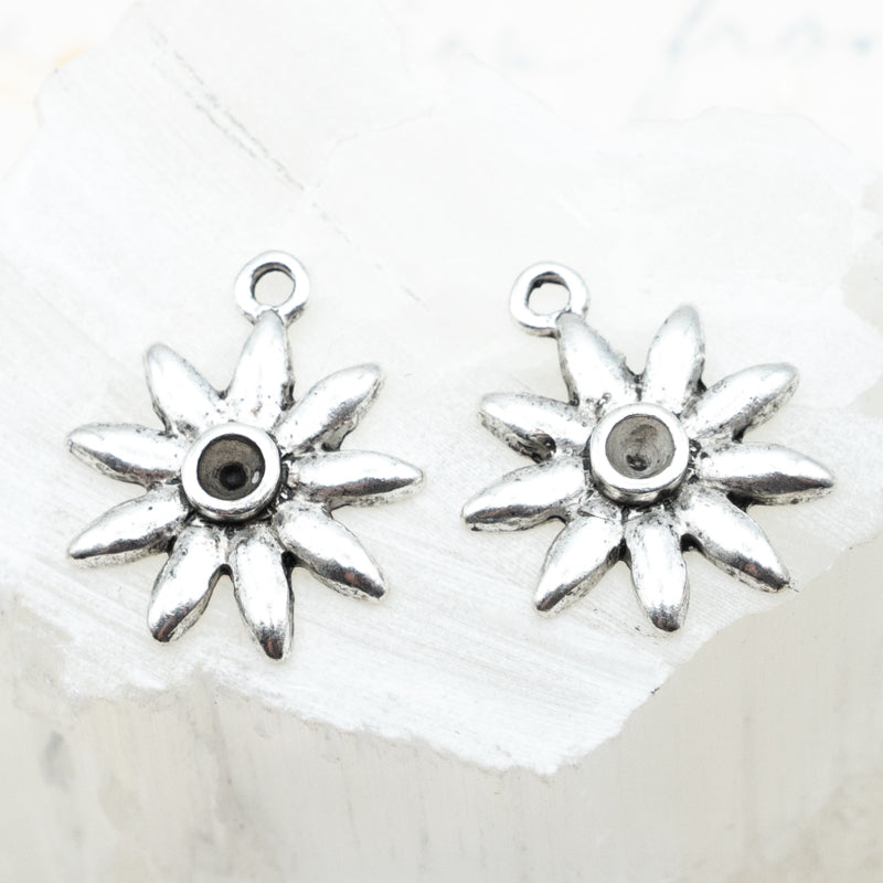 19mm Antique Silver Burst with Tiny Bezel Charm Pair