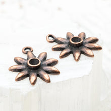 Load image into Gallery viewer, 19mm Antique Copper Burst with Tiny Bezel Charm Pair
