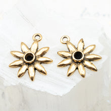 Load image into Gallery viewer, 19mm Antique Gold Burst with Tiny Bezel Charm Pair
