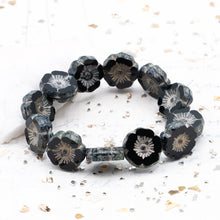 Load image into Gallery viewer, 12mm Black with Picasso Finish and Gold Wash Hibiscus Czech Bead Strand
