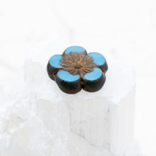 Load image into Gallery viewer, 21mm Sky Blue with Gold Wash and Metallic Picasso Finish Hibiscus Czech Bead
