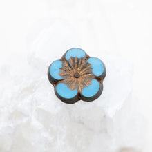 Load image into Gallery viewer, 21mm Sky Blue with Gold Wash and Metallic Picasso Finish Hibiscus Czech Bead
