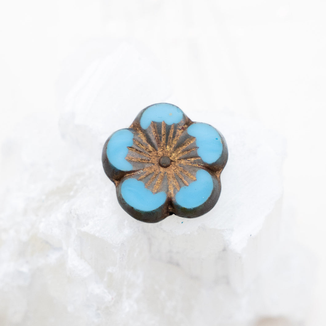 21mm Sky Blue with Gold Wash and Metallic Picasso Finish Hibiscus Czech Bead